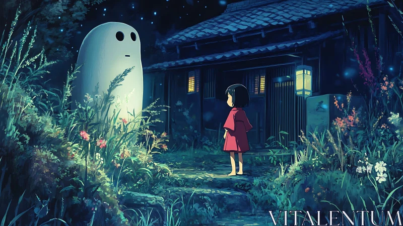 Girl meets glowing forest spirit at lantern-lit house.