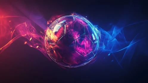 Glowing neon soccer ball with vivid fire and smoke effects.