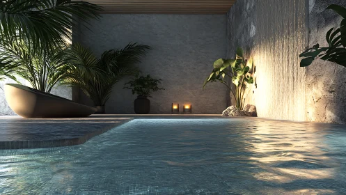 Tranquil indoor pool hideaway with candles and soft waterfall.