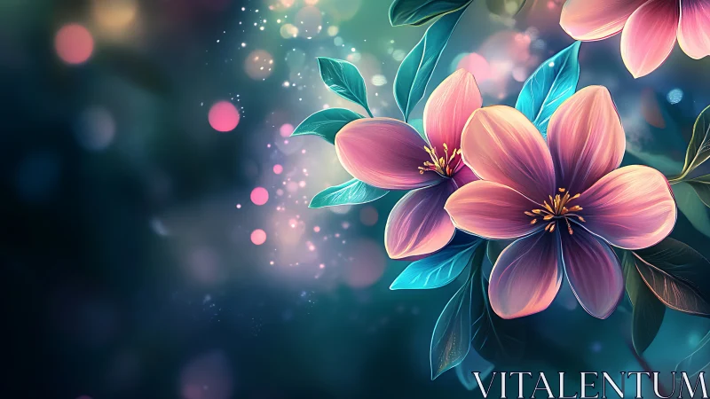 Luminous Pink Flowers Bloom in Ethereal Blue Garden Light