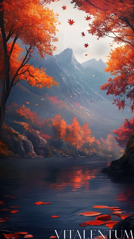 Crimson autumn forest frames tranquil mountain river view.