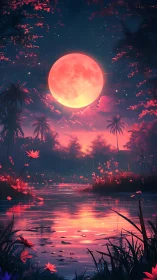 Digital painting of crimson supermoon over tropical river at dusk.