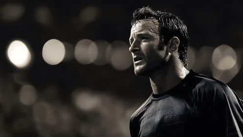 Sweat-drenched footballer under stadium bokeh floodlights.