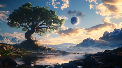 Ancient riverside tree beneath radiant alien crescent moon.