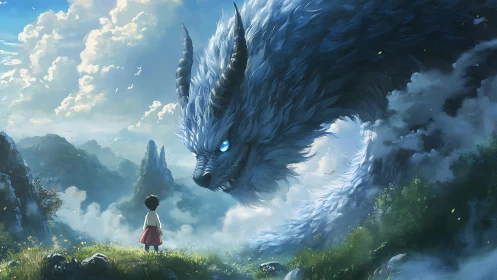 Child facing large horned dragon in misty mountain valley.