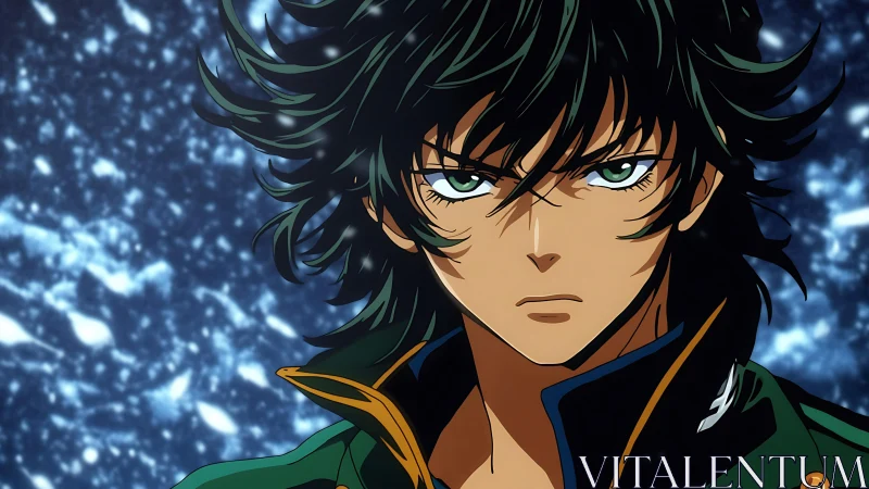 Storm-eyed anime warrior stares down swirling cosmic snow.