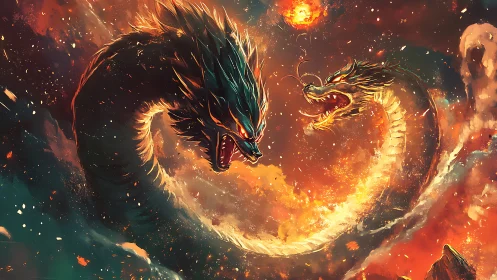 Twin elemental dragons coil in a fiery cosmic confrontation