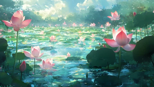 Sunlit lotus lagoon humming with soft watercolor daydreams.