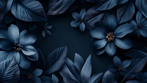 Midnight blue blossoms frame a calm floral void in shadow.
