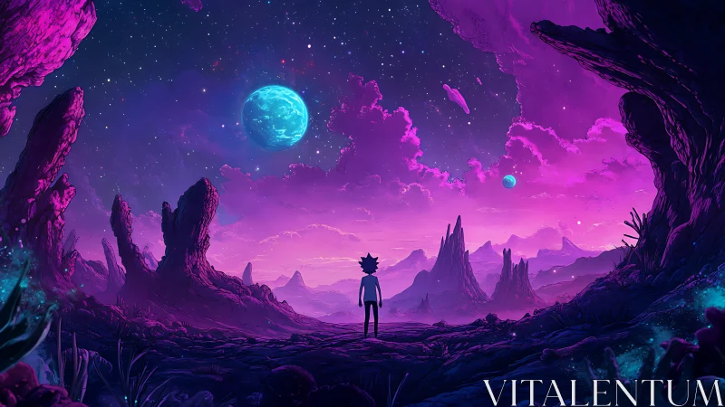 Stargazing wanderer on a glowing purple alien horizon.