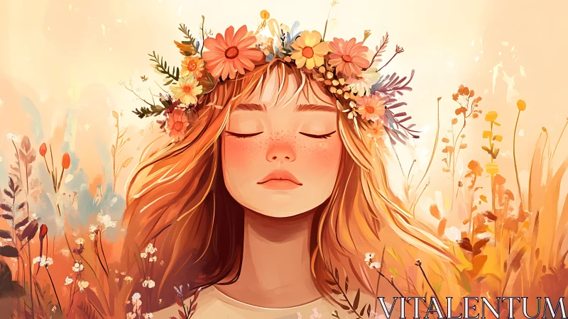 Serene flower-crowned girl basks in warm golden daylight