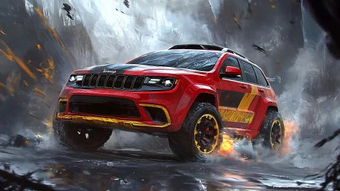 Red off-road SUV drifts through smoky, stylized terrain