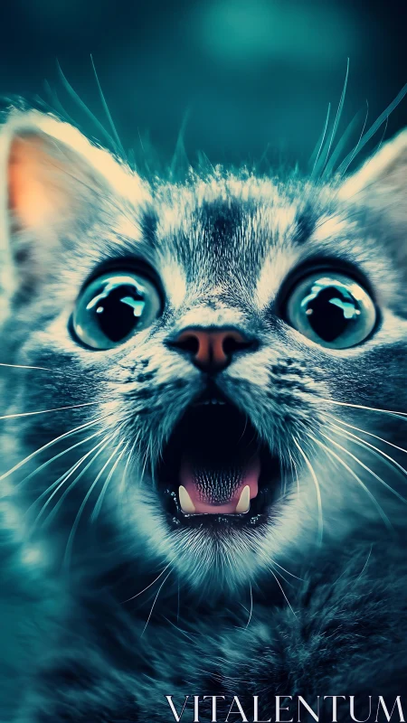 Wide eyed kitten portrait glows in teal cinematic light.