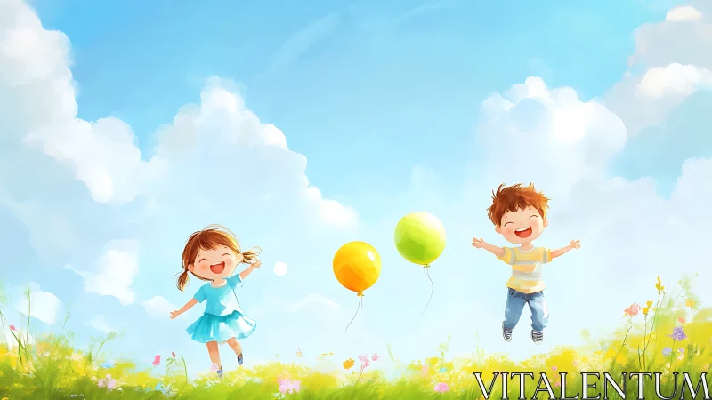 Children with Balloons in Sunlit Meadow Against Cumulus Sky