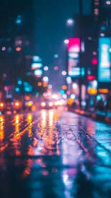 Rainy neon city street with blurred night traffic lights.
