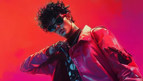 Stylized portrait of person in red jacket on red background.