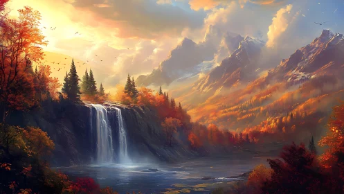 Golden mountain waterfall wrapped in glowing autumn light.