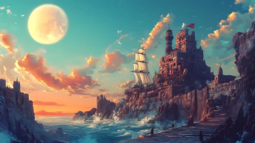 Moonlit cliff fortress watches over a glowing fantasy sea