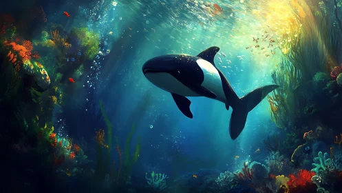 Gentle orca drifting through a glowing coral dreamscape.