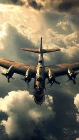 Photorealistic WWII bomber ascending through dramatic cloudscape.