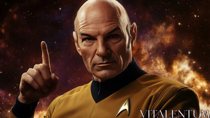 Commanding starship officer raises a guiding finger in space