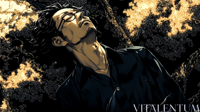 Stylized man under glowing canopy in dramatic light.