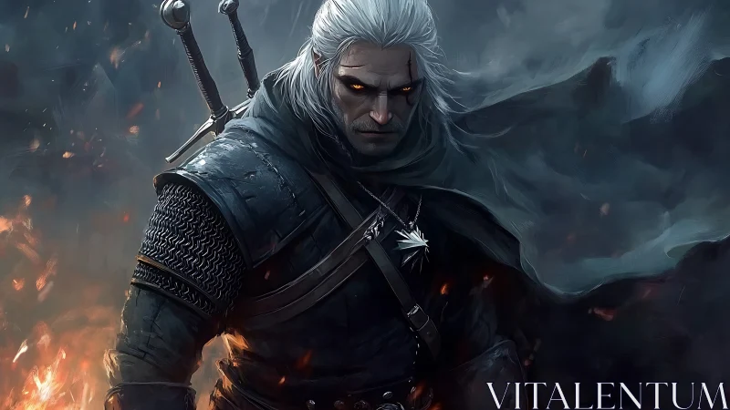 White-haired warrior with swords in dark, smoky battle scene.