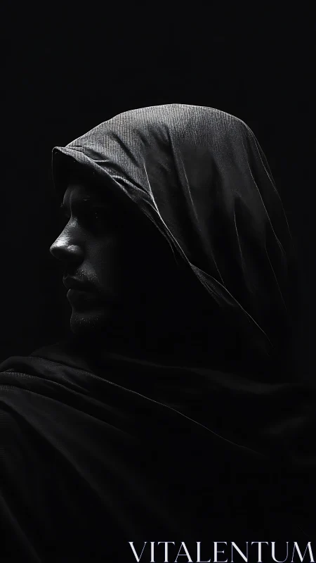 Side profile of hooded figure in low key directional light