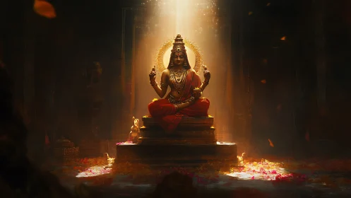 Seated multi-armed deity statue under focused temple light.