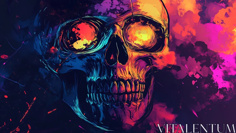 Flaming neon skull glows against dark cosmic backdrop