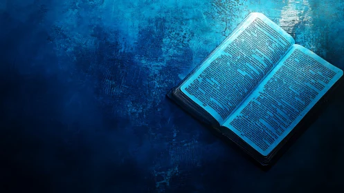 Open book lies on textured blue surface under directional light