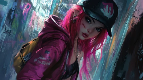 Streetwise girl with neon hair leans boldly in painted alley