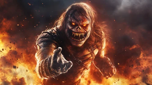 Flaming demon warrior strides through fire with fierce grin.