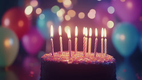 Glowing Birthday Cake Candles Against Festive Bokeh.