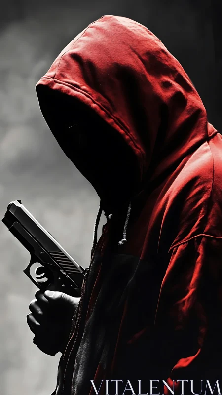 Hooded figure holds handgun in side profile against neutral backdrop