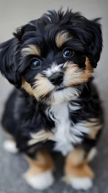 High-resolution close-up of tricolor puppy with shallow depth