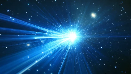 Radial blue stellar burst within dense star field in space.