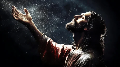 Dramatic side-lit robed figure reaching into radiant particles