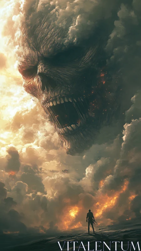 Lone warrior confronts colossal fiery skull in the clouds.