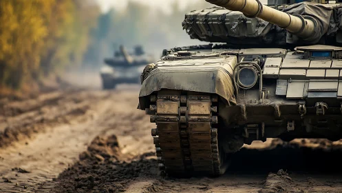 Mud-streaked battle tank advances along a forest track