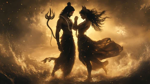 Divine couple silhouettes merge within incandescent storm surf