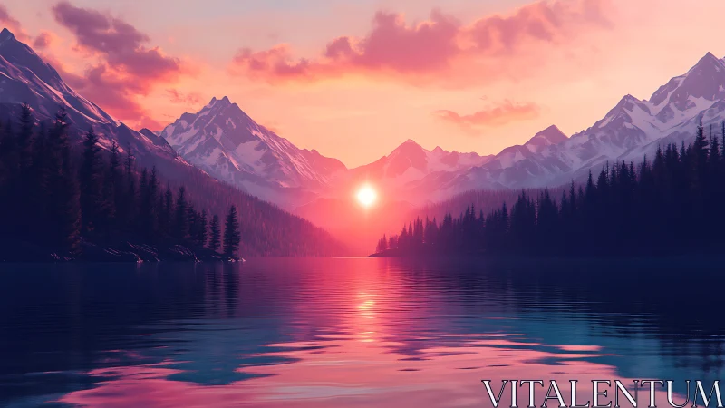 Saturated alpine lake sunset with volumetric light and crisp silhouettes