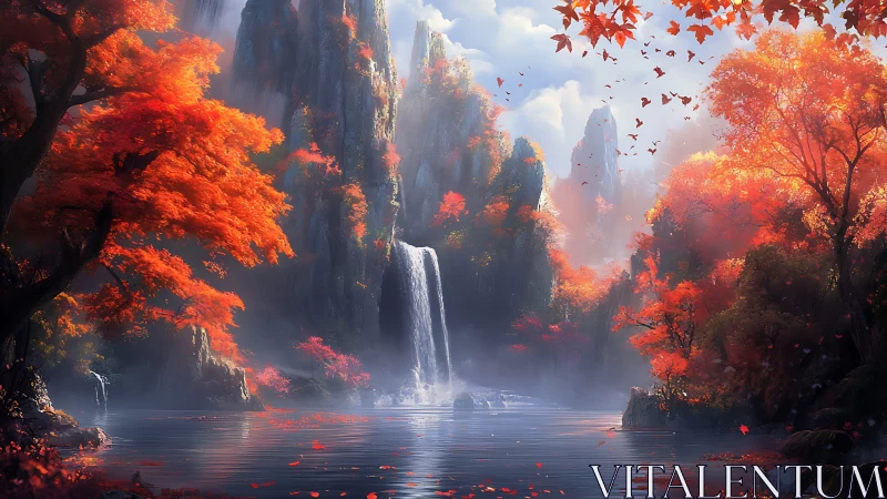 Autumnal mountain gorge with central waterfall and lake.