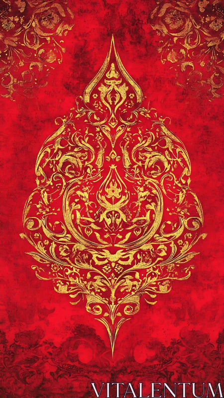 Ornate gold damask emblem on distressed red background.