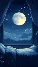 Moonlit bedroom window framing calm starry night sky.