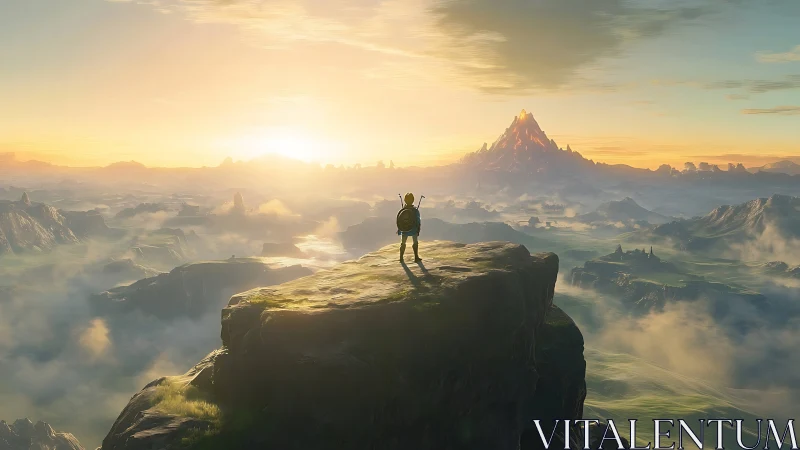 Young hero greeting sunrise over a misty fantasy kingdom.