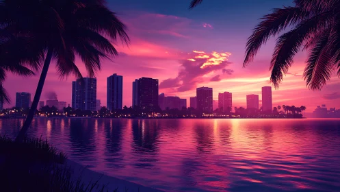Neon sunset paints a tropical city skyline in glossy silence