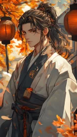 Autumn lantern glow around stoic warrior in flowing robes.