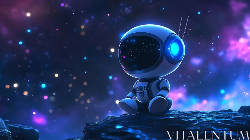 Stargazing baby robot adrift in neon cosmic fireflies.