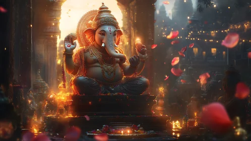 Divine Ganesha statue amid glowing temple lanterns.